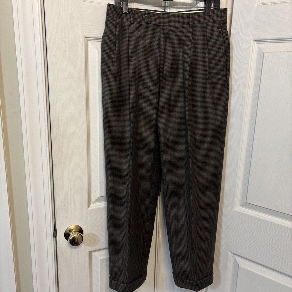 J. McLaughlin Mens Houndstooth Wool Pants Pleated Cuffed Brown 32x27